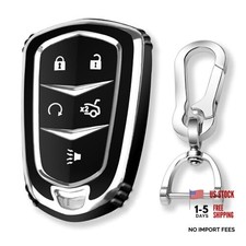 for Cadillac Key Fob Cover with Keychain Chrome Trim Soft TPU Chrome/Black