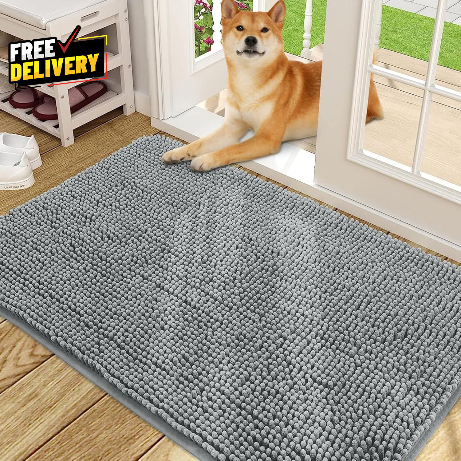 Dog Door Mat 48x30 Inch Absorbent Non-Slip Washable Chenille Mud Mat Grey