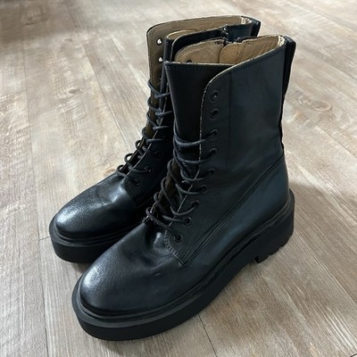 & Other Stories Chunky Black Leather Boots Lace Up Women s Sz 7/ E38 Side Zip