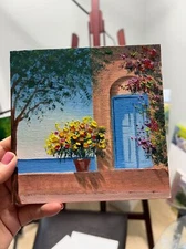 Mediterranean Scene with Flowered Terrace: hand painted Original Oil Painting
