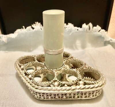 Vtg MAX Nine 9 Lipstick Holder Caddy Silver / Gray / Blue Ornate Vanity Florenza