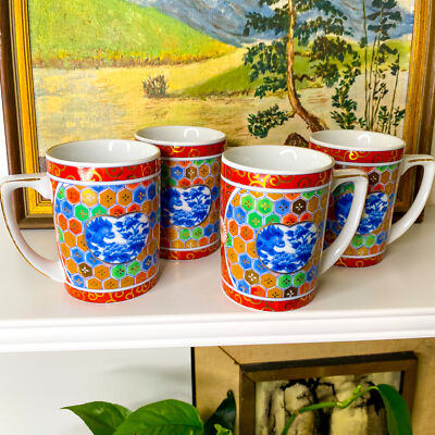 (4) Vintage IMARI Japanese Style Coffee Cups Mugs Japan Foo Dogs Oriental Edo