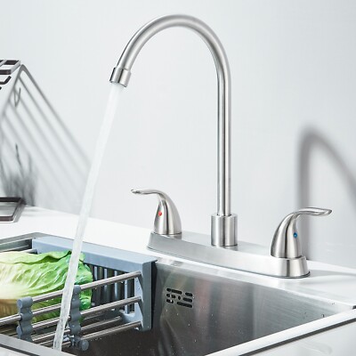 Brushed Nickel 8 inch Centerset Kitchen Faucet 3 Hole 2 Handle Swivel Sink Mixer