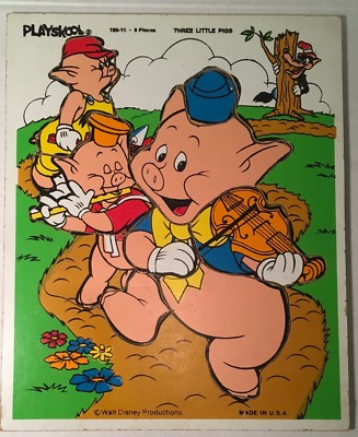 Playskool THREE LITTLE PIGS 9 Piece Wooden Puzzle Fun Toy Walt Disney Wolf USA !