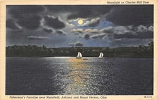 Mount Vernon Ohio 1940s Postcard Moonlight on Charles Mill Dam near Mansfield 