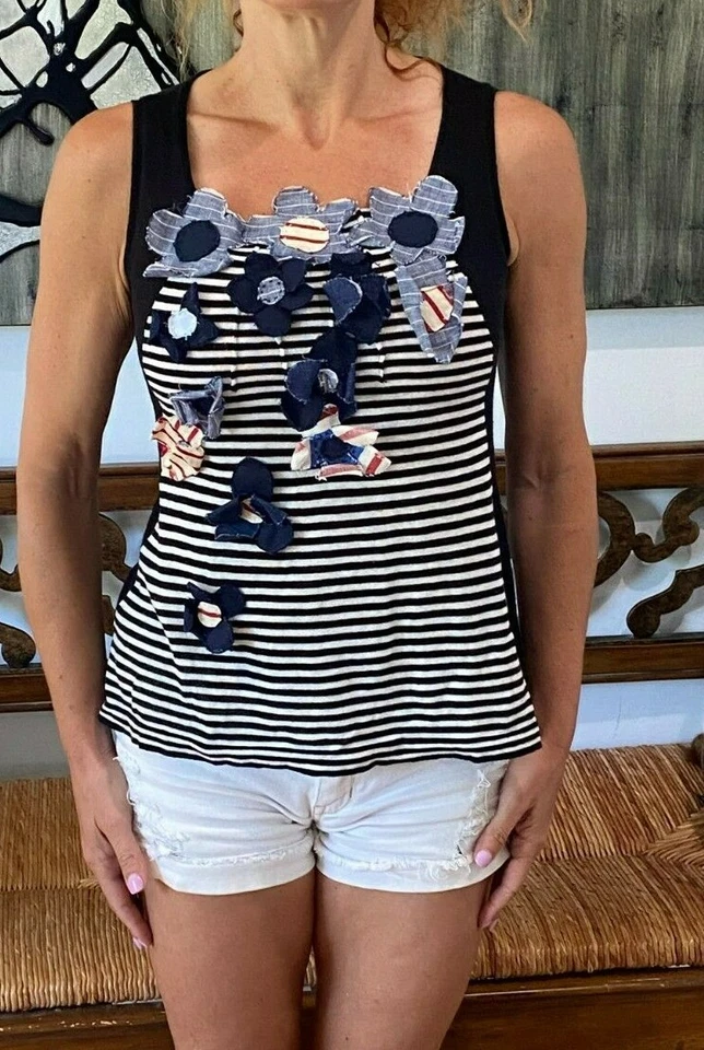 WENDI CAÑA SIN MANGAS PUNTO A RAYAS APLIQUES FLORALES SUÉTER CAMISETA SIN MANGAS S❤️ Foto 2 de 4