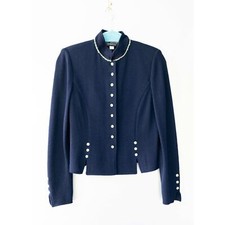 St John Collection Navy Wool Old Money Womens Blazer Jacket with Gold Hardware