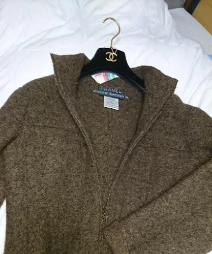 Chanel IDENTIFICAZIONE giacca senza colletto giacca feltro kaki donna