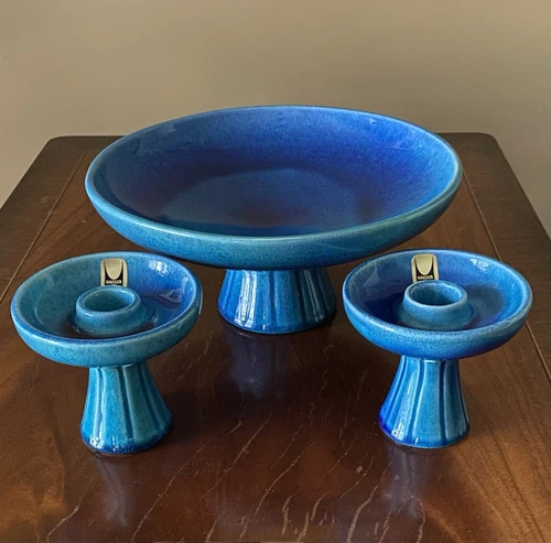 Fabulous Haeger 3 Piece Set Bowl & Candleholders Beautiful Blue Vintage MCM