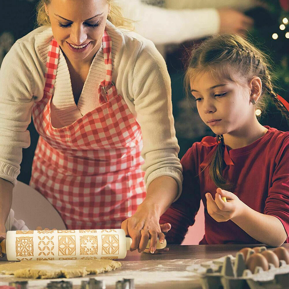 Weihnachten Nudelholz Gravierte Präge Teigroller Drehnudelholz Teigrolle DE^ - Bild 4 von 4
