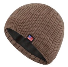 AMERICAN FLAG Label Premium Knit, Thermal Lined Beanie Hat / Cap - MOCHA BROWN