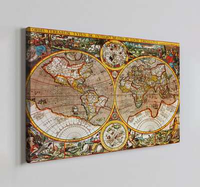 Antike Weltkarte Leinwandbild Wandbild, Vintage Wohndeko Wandbehang