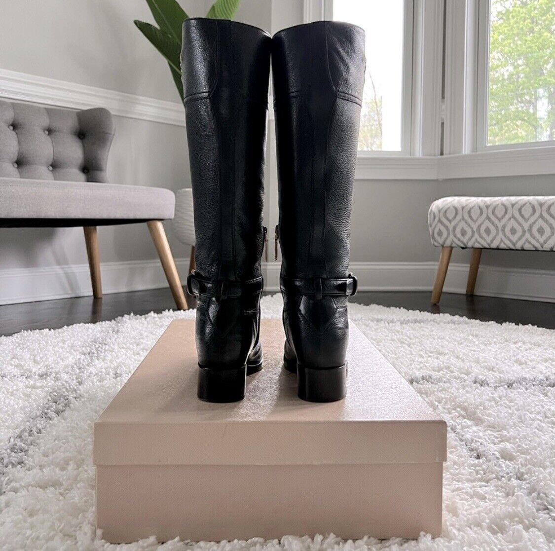 PRADA Cervo Logo Knee High Black Leather Riding Boots with PRADA Cervo Logo Knee High Black Leather Riding Boots with