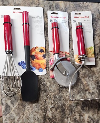 Kitchen Aid Lot Empire Red Masher  Wisk Spatula Pizza Cutter