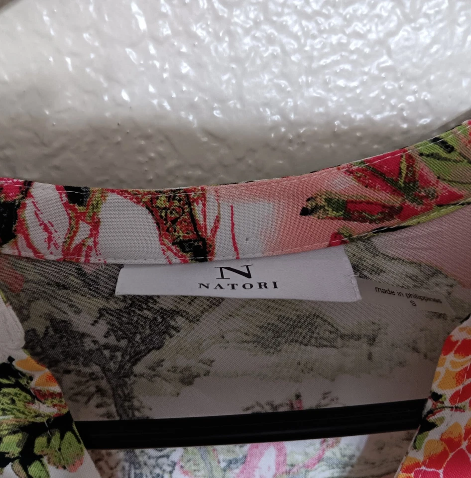 Camisón Natori S Blanco Rosa Verde Estampado Floral Geisha Largo Completo Bolsillos Foto 4 de 4