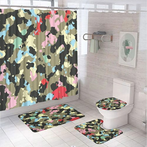 Army Camouflage Bathroom Shower Curtain Soft Bath Rug Mat Toilet Lid Cover 4Pcs - Picture 20 of 41