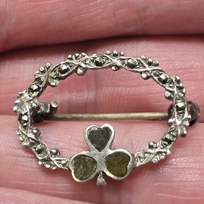 sterling silver irish claddagh style Brooch Marcasite Stone Shamrock Good Luck
