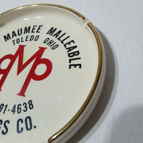 Vintage Maumee Malleable Castings Co Ashtray 6in Diameter Ceramic w Gold Trim - Picture 2 of 8