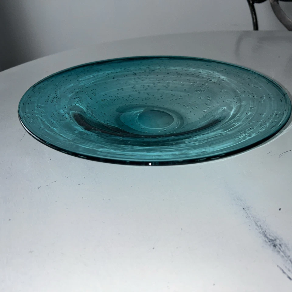 "Tazón grande de vidrio artístico soplado a mano turquesa para servir decoración charcutería 12,25""Dx2""" Foto 2 de 4