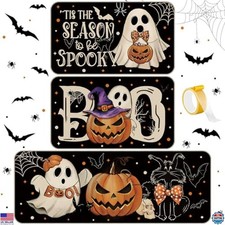 3 Pcs Halloween Ghost Kitchen Rugs Set, Non-Slip Pumpkin Cat Mats, Black Decor