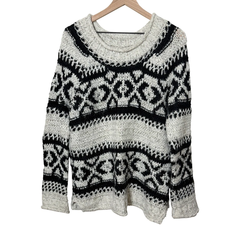 Suéter Free People Silver Fair Isle Negro Blanco Suelto Tejido Lana Invierno Boho Foto 2 de 4