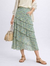 SIZE 8 to 20 Ex M&S Green Floral Ruffle Midi Tiered Skirt