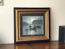 Dipinto olio paesaggio marino con cornice vintage porto pescatori firmato Mario Galanti Italia