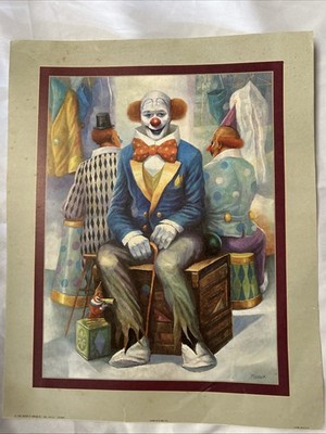 Vintage Art Print '' Clown With Bow Tie'' Signed Russin, 1981- 16 X 20