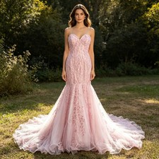 Pink Mermaid Wedding Dresses strapless Lace Applique Sweep Train Bridal Gowns