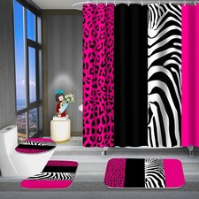 4 Pcs Bathroom Shower Curtain Set,Rosy Leopard Print Shower Curtain Bright St...
