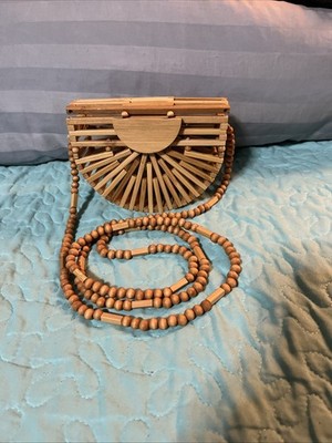 Boho Bamboo Half Moon Purse with Beaded Strap   Summer Beach Handbag