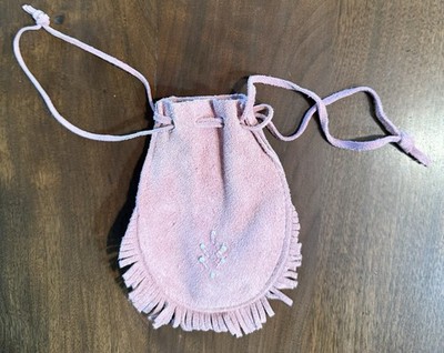 Vintage Handmade Leather Fringe Drawstring Bag Hippie Boho Suede Pink Native