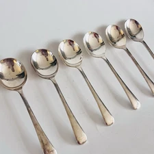 Antique silver plate soup spoons x 6, Crusader cutlery Sheffield