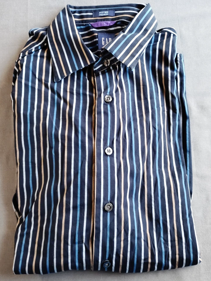 Camisa Gap Fit Premium Para Hombre L Azul Tostado Rayas Manga Larga Abotonada Academia Foto 2 de 4
