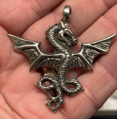 Vintage BM BOMA Jewelry pewter DRAGON PENDANT necklace 2.25" GOTHIC OCCULT WICCA