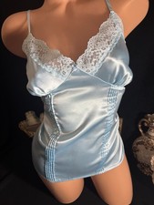 vtg satin Soft Sky Blue Baby Blue Frilly Lace Shiny Nightie Pleat camisole Top