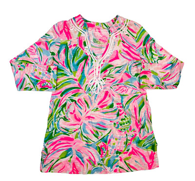 Lilly Pulitzer Top Sz XXS Pink Floral Kaia Tunic Croc My World Tropical Resort
