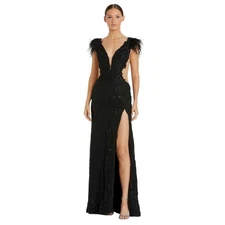 Mac Duggal Dress 67782 Black Feather Trim Floral Cutout Lace Gown Size 8 $698