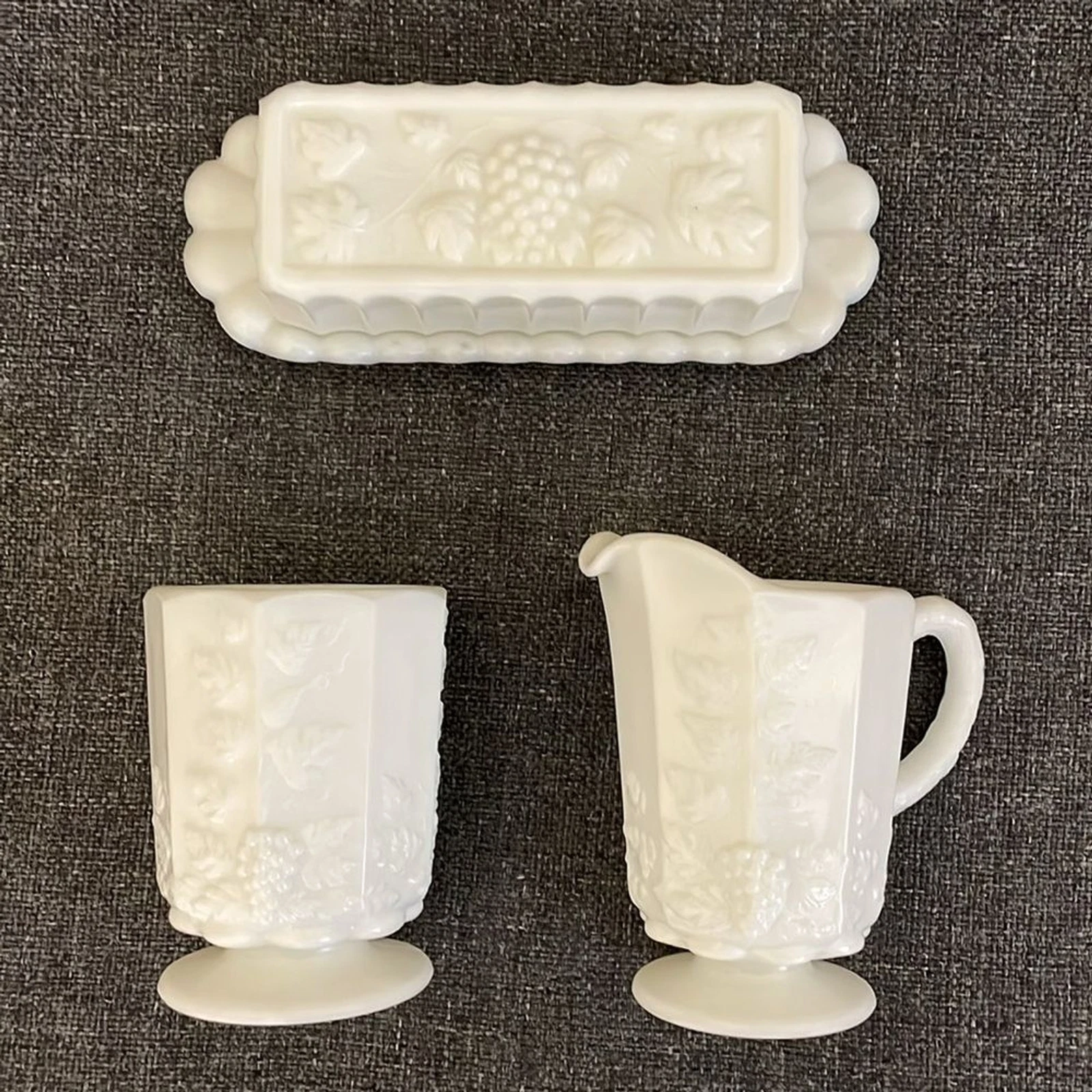 Vintage Westmoreland Paneled Grape milk glass butter dish, creamer & open sugar