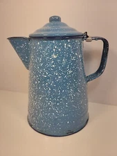 Vintage Blue White Speckled Enamelware Stovetop Cowboy Coffee Pot 9"