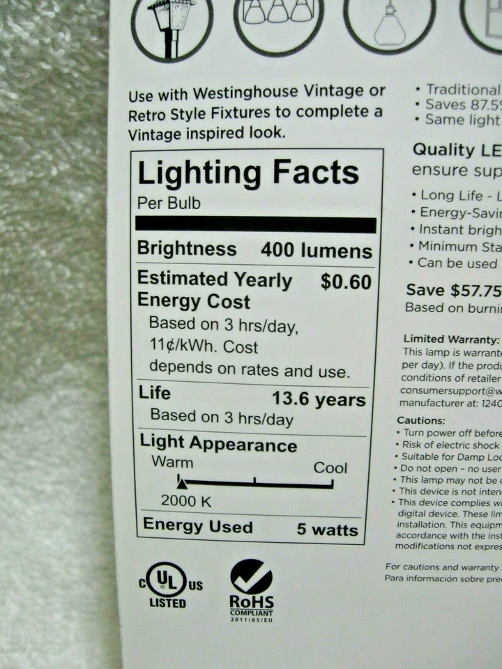 WESTINGHOUSE ST20 FILAMENT LED  40 Watt Decorative Dimmable Amber Finish Bulb RV - Image 3 of 4