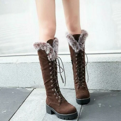New Men's Womens Fur Lined Snow Boots Warm Lace Up Knee High Boots Outdoor Shoes - Picture 4 of 18
