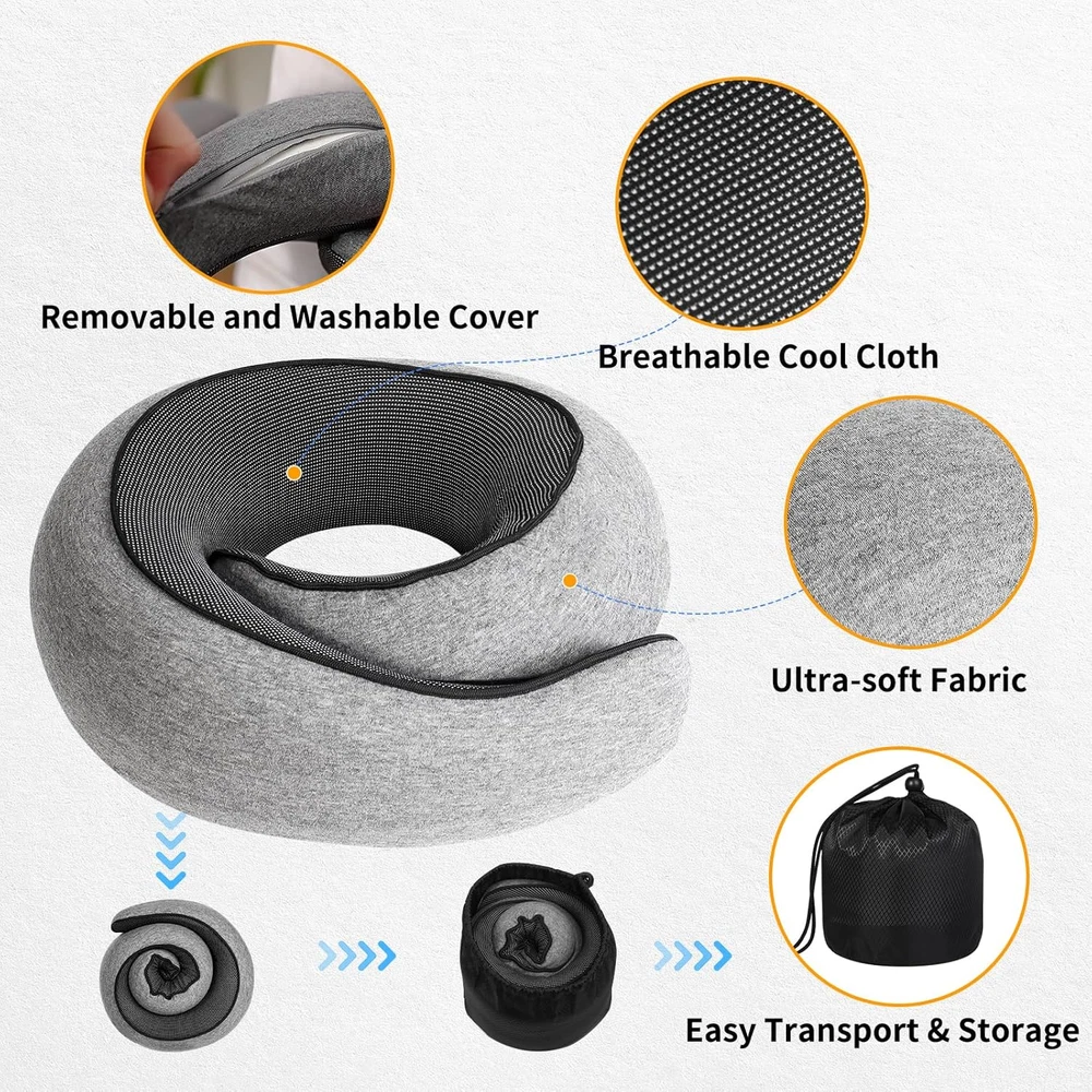 Memory Foam Travel Neck Pillow for Airplanes with 360 Support