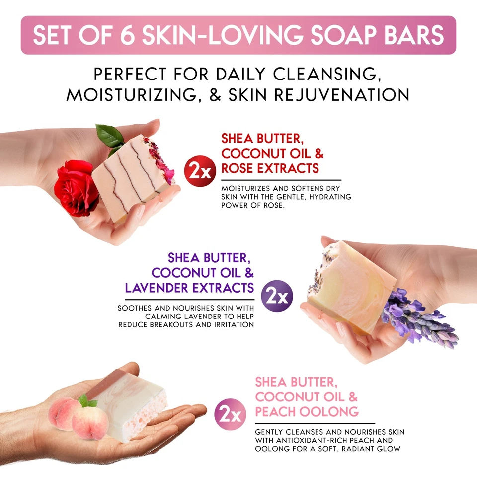 Jabón Hecho a Mano, Natural Prensado en Frío 4.2oz Barras de Jabón Set de Regalo - Juego de 6 piezas Foto 2 de 4
