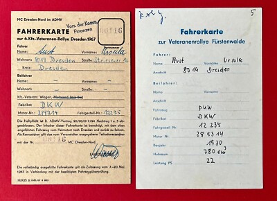 2 x ADMV Fahrerkarte Dresden Fürstenwalde 1966/67 Fahrzeug DKW    ( 153477