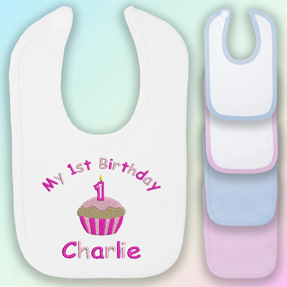 BABYSTITCHING Mein 1. Geburtstag Torte - Mädchen bestickt Baby Lätzchen Geschenk personalisiert zuerst