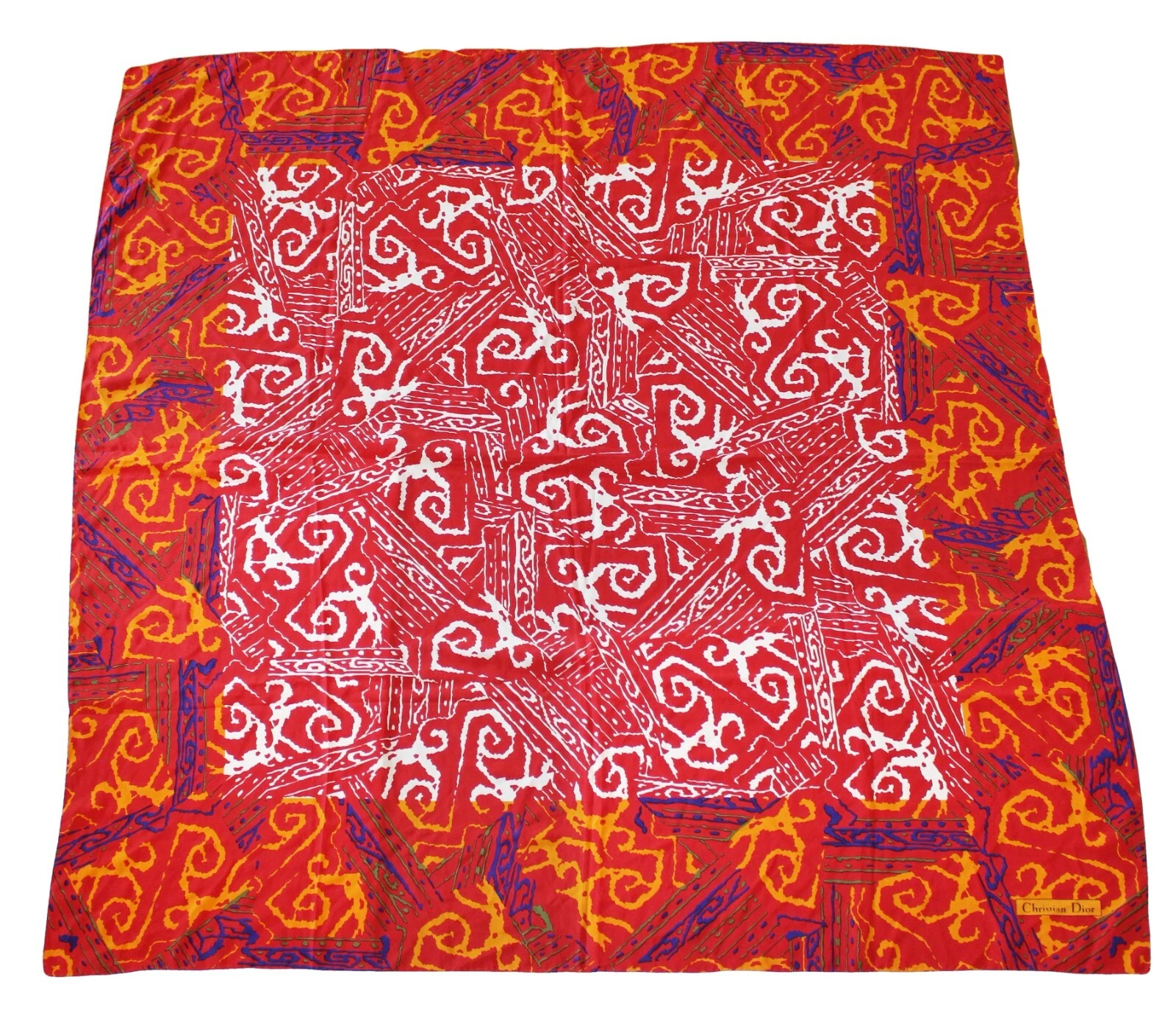 Grand châle carré en soie vintage CHRISTIAN DIOR 53x53 rouge Italie ÉNORME