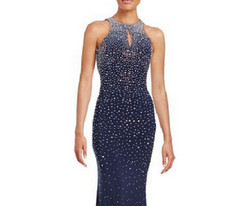 * 140 Xscape Embellished Open Back Mermaid Long Dress Sz 12 Navy Blue $278
