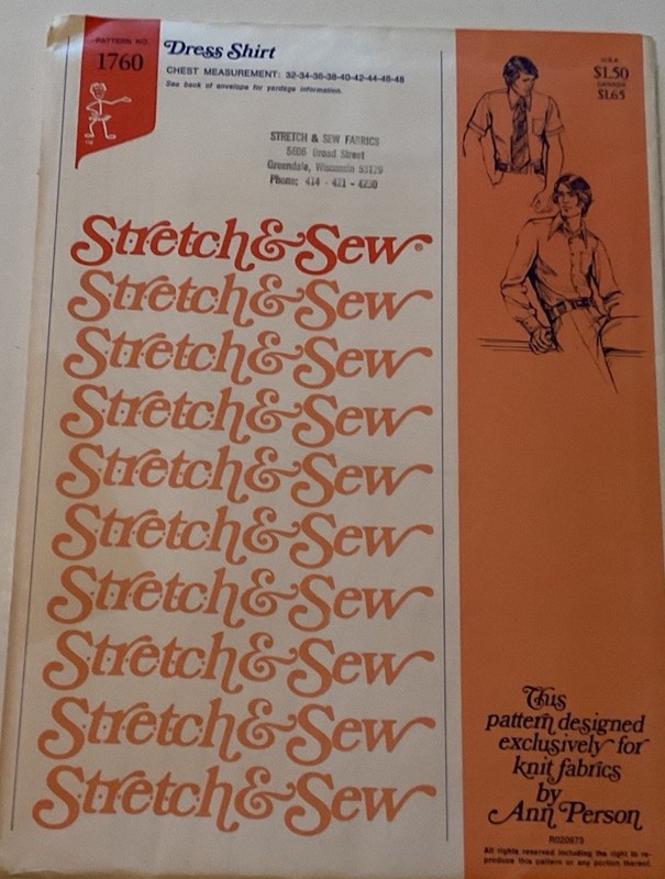 Stretch & Sew Pattern 1760 Men’s Dress Shirt Size 32-48 COMPLETE