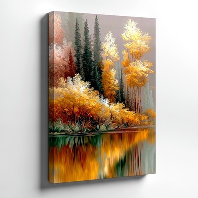 Wall Art Autumn Forest Lake Reflection Canvas Print Golden Trees Landscape Decor
